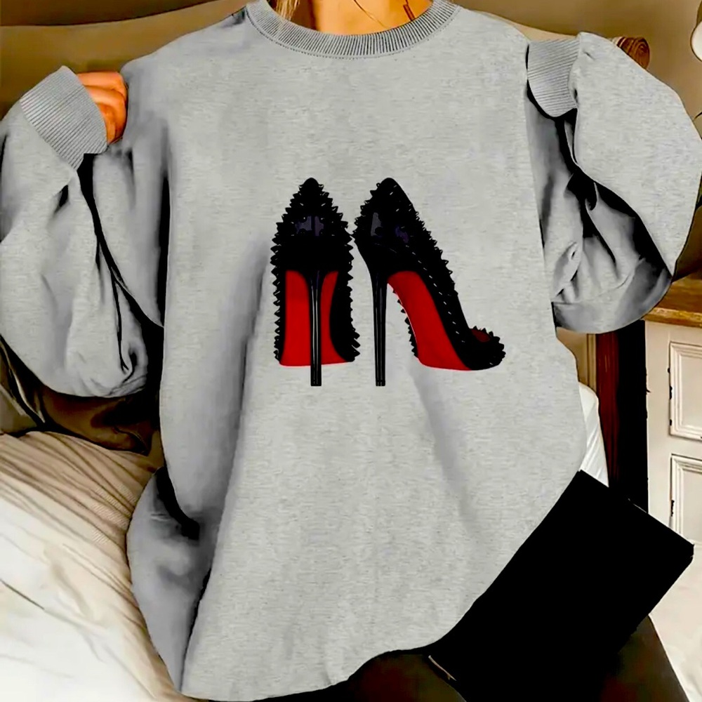 Women's High Heels Print Brand New Long Sleeve Crew Neck Sweatshir